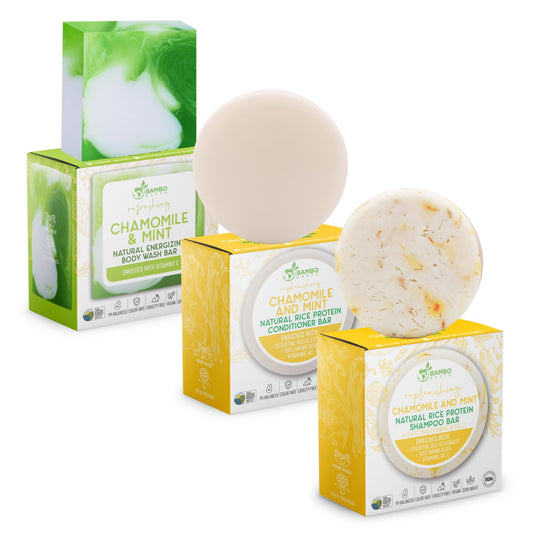 Solid Rice Protein Shampoo, Conditioner and Body Wash Bundle | Shampoo, Conditioner & Wash Bars For Hair and Body w/All Natural Plant Based Essential