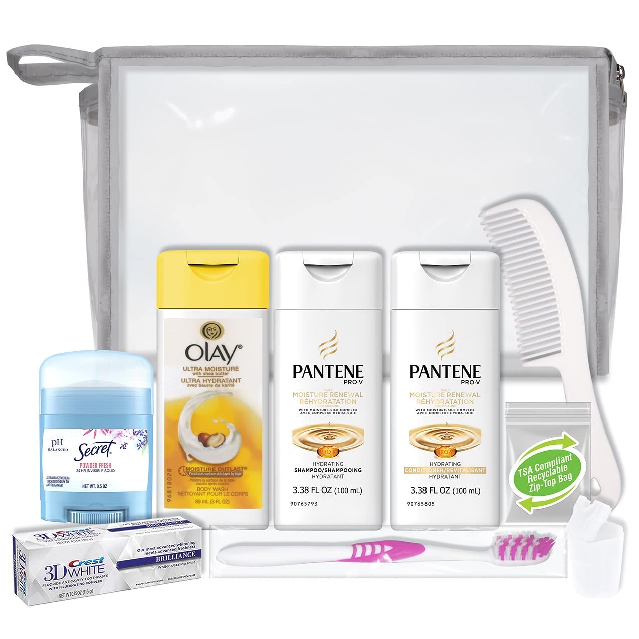 Convenience Kits International Women's 10-Piece Deluxe Kit with Travel Size TSA Compliant Essentials, Featuring: Pantene Hair Products in Reusable