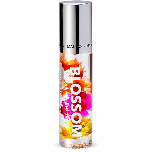 Blossom Roll on Lip Gloss, Scented Clear High Shine Moisturizing Lip Oil, Non Sticky, Infused with Real Flowers, Made in USA, 0.2oz, Mango
