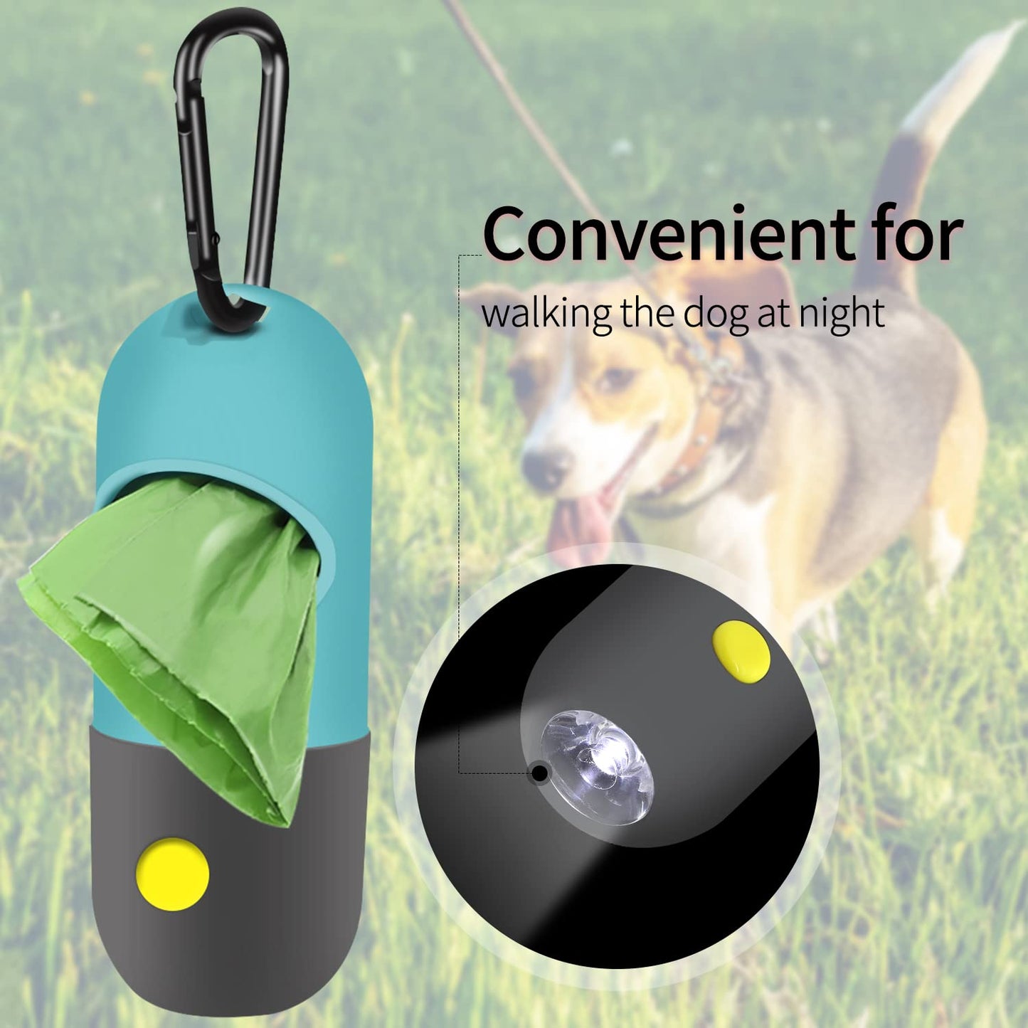 Eliamo 2 Pack Dog Poop Bag Dispenser with LED Flashlight, Pet Waste Bag Holder & Carabiner, Includes 2 Rolls Leak-Proof Bags for Dog Walking, Blue