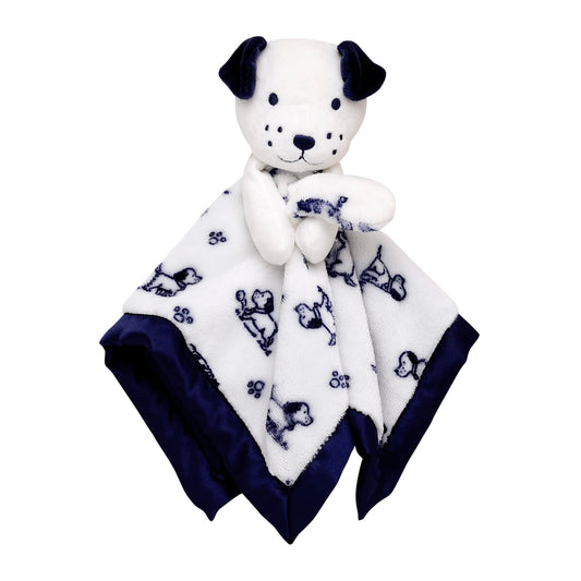 Plush Rattle Baby Snuggle Blanket with Satin, Blue and White Little Me Puppy Toile Print, Puppy Toy (14 inch)