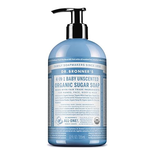 Dr. Bronner's Organic Sugar Soap (Baby Unscented, 12 Ounce) - Made with Regenerative Certified Organic Oils, Sugar & Shikakai Powder, 4-in-1 Use