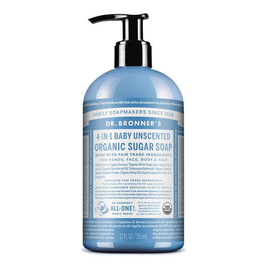 Dr. Bronner's Organic Sugar Soap (Baby Unscented, 12 Ounce) - Made with Regenerative Certified Organic Oils, Sugar & Shikakai Powder, 4-in-1 Use