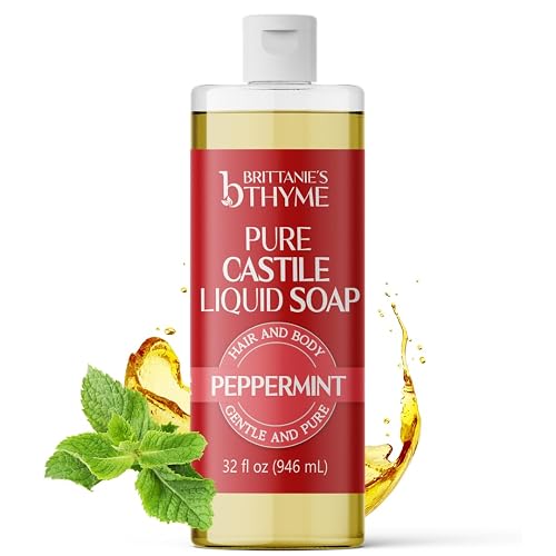 Brittanie’s Pure Castile Liquid Soap Refill, Peppermint, 32 Ounce | Dish Soap, Hair & Body, Home, Gentle and Pure, Made with Natural Luxurious Oils
