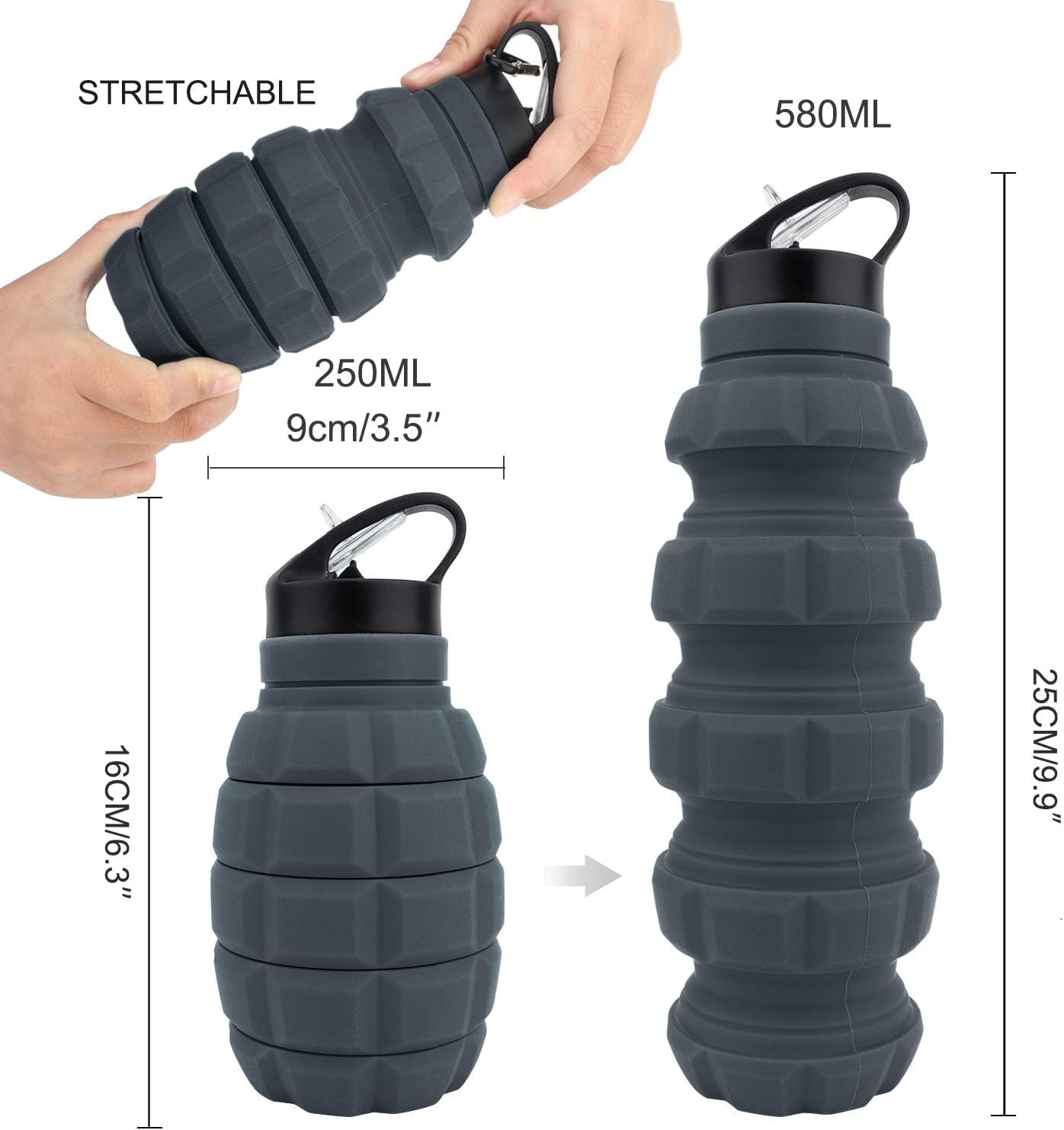 Caliber Gourmet SILICONE COLLAPSABLE TRAVEL WATER BOTTLE 580ML Reusable Silicone Foldable Water Bottles for Gym Camping Hiking, Portable Leak Proof