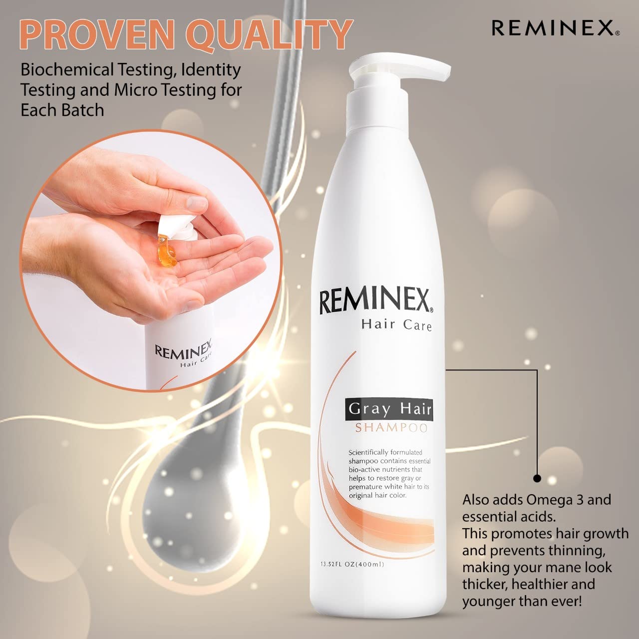 Reminex Anti Gray Hair Shampoo - Proprietary Treatment Infused with Argan Oil To Help Restore Gray And White Hair To Its Natural Color - 13.5 Oz No