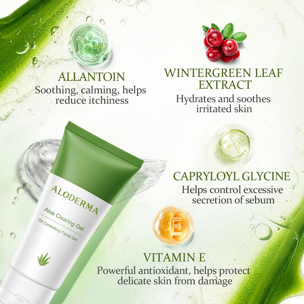 Aloderma Aloe Clearing Gel for Clear Complexion with 90% Organic AloeVera - Moisturizing, Oil Controlling Facial Lotion with Allantoin, Wintergreen