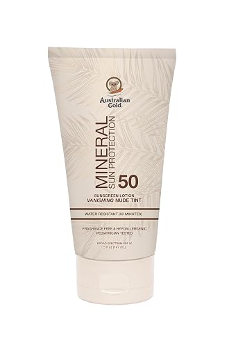 Australian Gold SPF 50 Mineral Sunscreen, 5 fl oz, Broad Spectrum Tinted Sunscreen, Gentle Protection for Every Shade, Vanishing Nude Tint, Blue Light