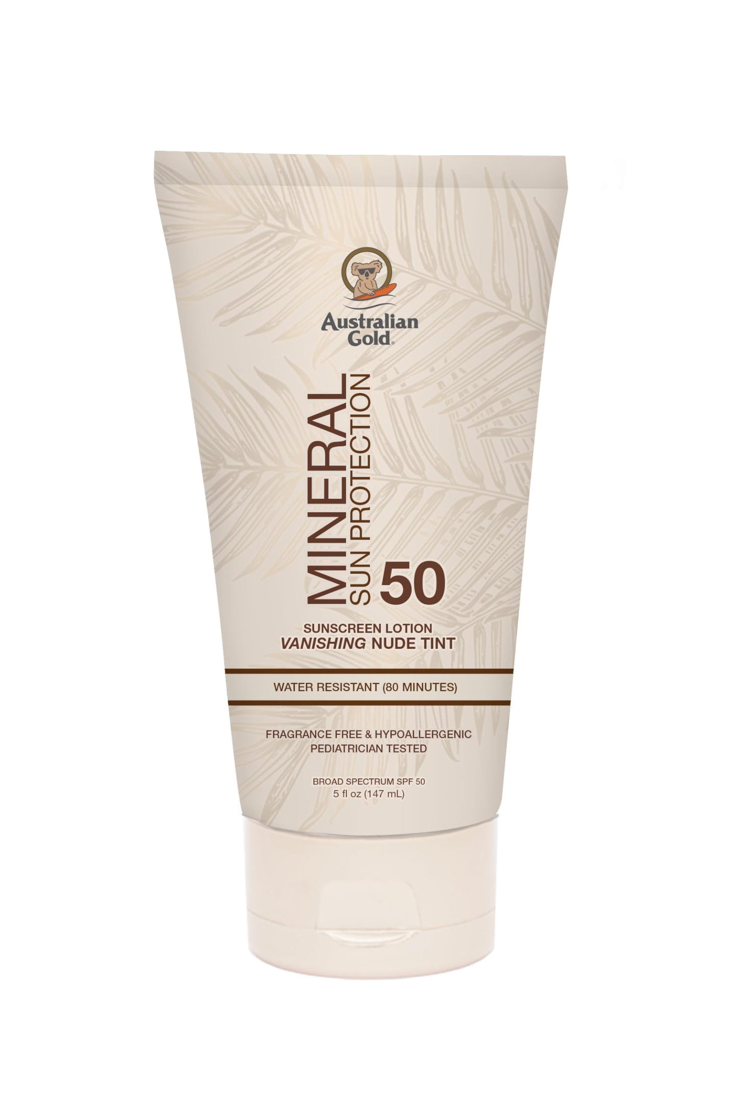Australian Gold SPF 50 Mineral Sunscreen, 5 fl oz, Broad Spectrum Tinted Sunscreen, Gentle Protection for Every Shade, Vanishing Nude Tint, Blue Light