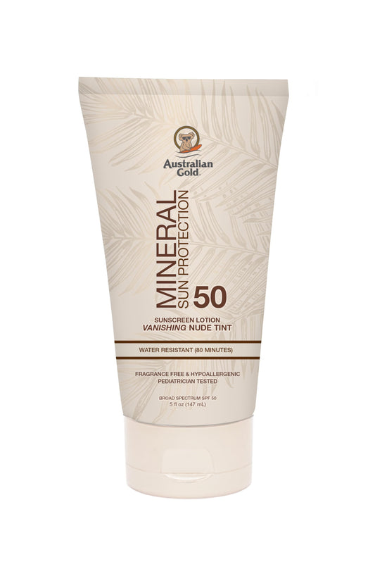 Australian Gold SPF 50 Mineral Sunscreen, 5 fl oz, Broad Spectrum Tinted Sunscreen, Gentle Protection for Every Shade, Vanishing Nude Tint, Blue Light