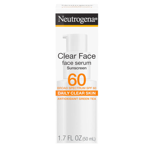 Neutrogena Clear Face Serum Sunscreen with Green Tea, Broad Spectrum SPF 60, Non-Comedogenic Face Sunscreen for Lightweight UVA/UVB Protection
