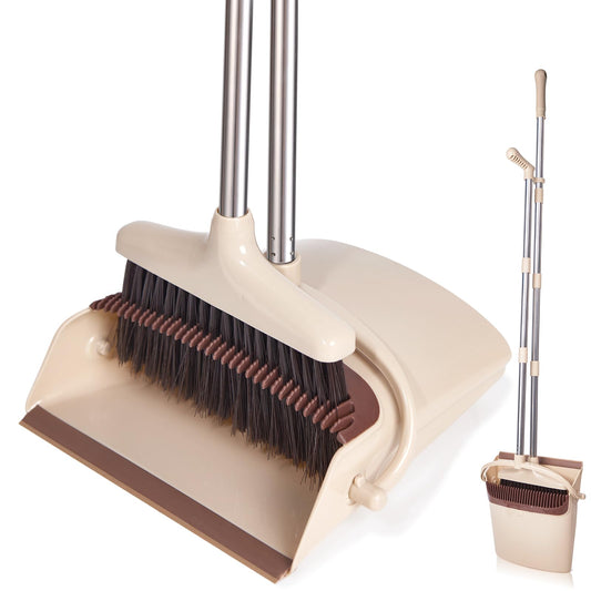 XXFLOWER Broom & Dustpan Set with Long Handle – Lightweight, Upright Stainless Steel Poles, Ideal for Home, Kitchen, Office & Pets