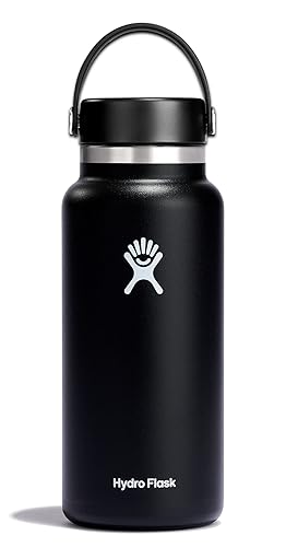 Hydro Flask Water Bottle - Insulated Stainless Steel - Wide Mouth Flex Lid, Non Spill, Leakproof and Refillable in 32 Oz Black