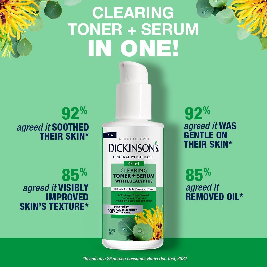 Dickinson's Original Witch Hazel Clearing Toner + Serum with Eucalyptus | 100% Natural Distilled Witch Hazel | Alcohol-Free | Detoxifies & Tones Skin