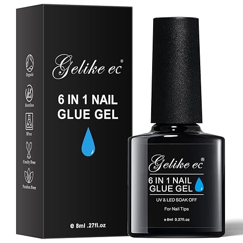 Gelike EC Gel Nail Glue for Press On Nails: 6 in 1 Strong UV Nail Glue for Nail Tips and Acrylic Fake Nail - Long Lasting 28 Days Quick Dry - Beginner