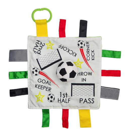 Baby Jack & Co 10x10” Soccer Sports Lovey Sensory Plush Blanket - Tag Toy for Babies - Baby Stroller Toys - Learn Shapes, Letters & Colors - MVP Ball…