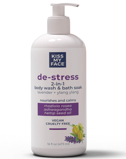 Kiss My Face De-Stress 2-in-1 Body Wash & Bath Soak Lavender + Ylang Ylang - Vegan Body Wash - 16 oz Bottle with Pump (Lavender & Ylang Ylang, Pack Beauty & Personal Care Kiss My Face