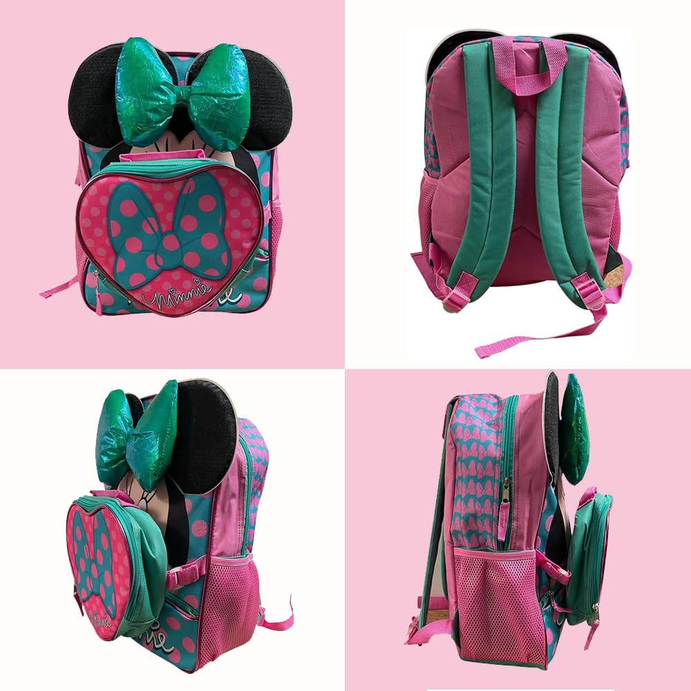 Minnie Mouse 16-Inch Backpack and Lunch Box Set for Girls, Cute School Bag with Heart-Shaped Lunchbox, Mesh Side Pockets, and Padded Straps, Perfect for School or Travel