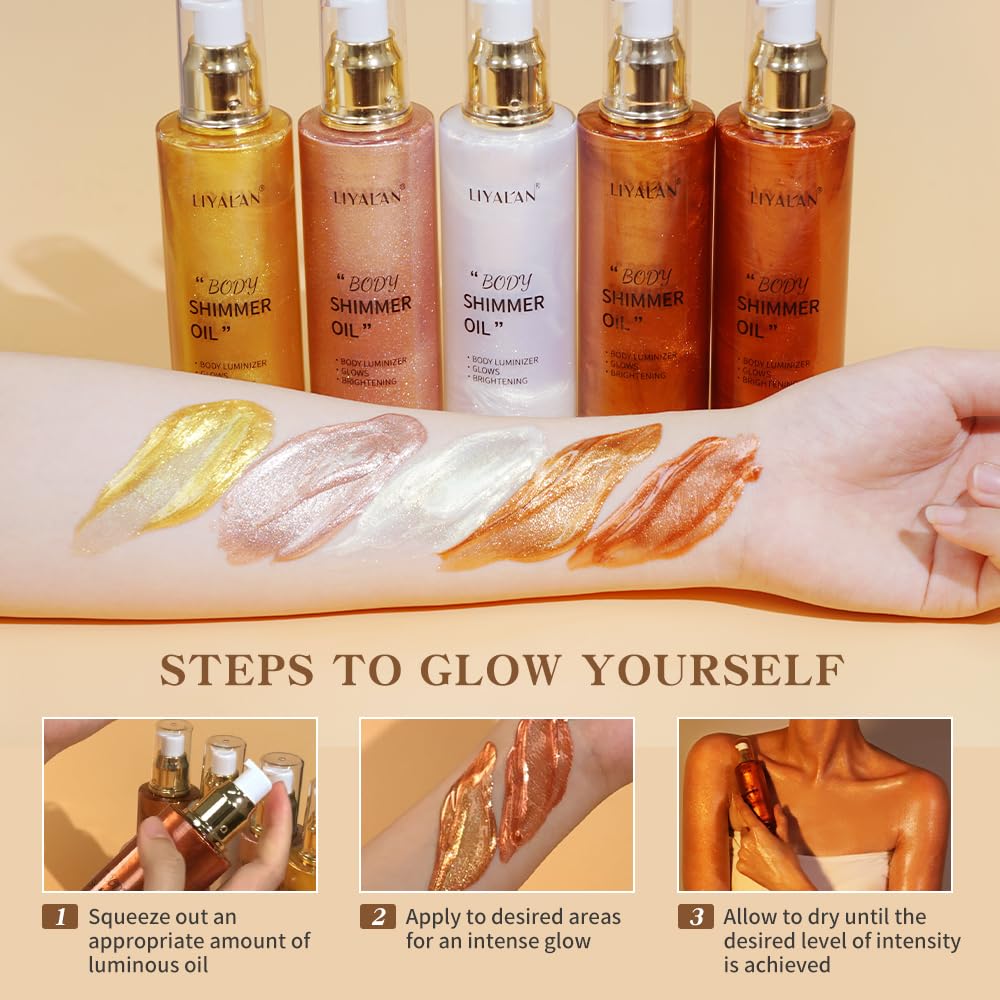 Liyalan Shimmer Body Oil Bronze Gold 5 Color Bronze 3.38 Fl Oz Face Glow Pearl Highlighter Illuminator body Makeup Shine Glitter Gold Liquid Taning Beauty and Personal Care LIYALAN