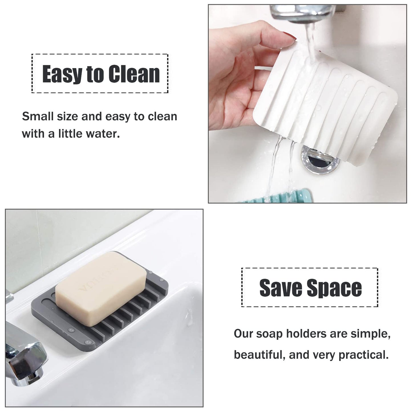 3-Pack Self Draining Soap Dishes – Silicone Waterfall Soap Holders Keep Bars Dry & Clean, Easy to Clean – White, Gray, Teal