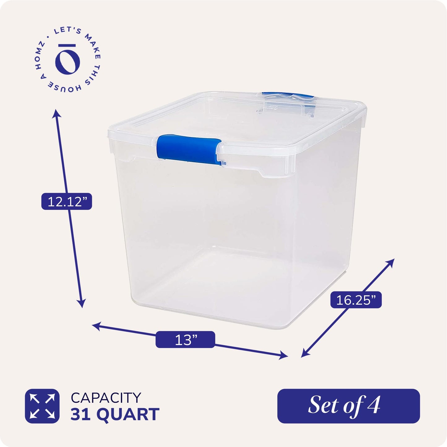 HOMZ Secure Latch, Clear Plastic Storage Organizer Bins, 31 Quart (4-Pack) & 15.5 Quart (4-Pack), Blue Latches - Stackable Organizing Containers…