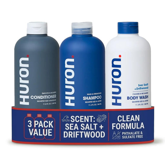 Huron Shower Kit for Men and Women - Shampoo, Conditioner & Body Wash with Sea Salt + Driftwood Scent, Hydrating, Phthalate-Free, non-toxic Beauty & Personal Care Huron