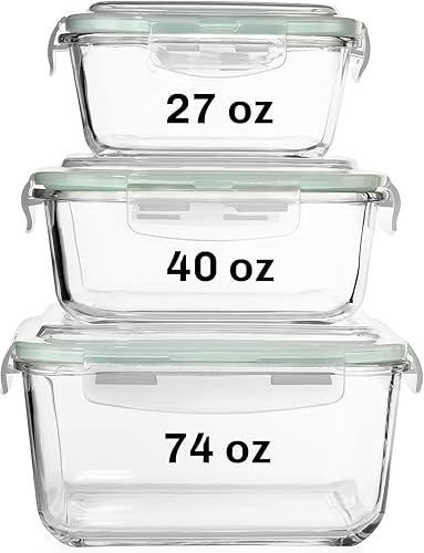 Razab 6 PC Square Glass Food Storage Containers with Airtight lids (74, 40 & 27 oz) Kitchen Glass Meal Prep Containers Set for Freezer Reusable…