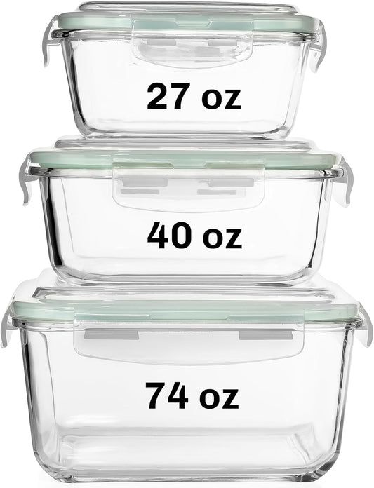 Razab 6 PC Square Glass Food Storage Containers with Airtight lids (74, 40 & 27 oz) Kitchen Glass Meal Prep Containers Set for Freezer Reusable…