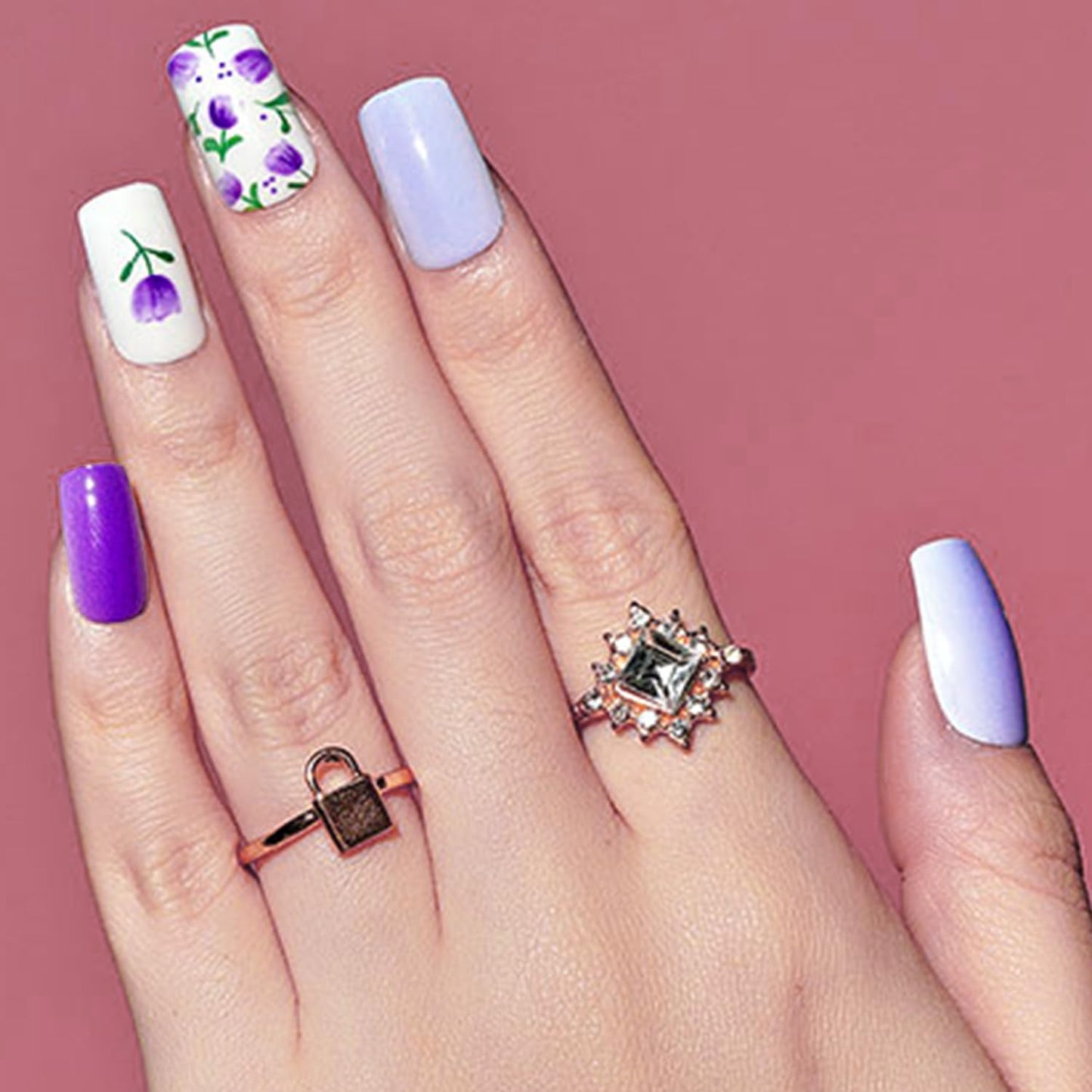 GLAMERMAID Dark Purple Press on Nails Medium Square, Floral Blossom Deep Purple Gel False Nals, Tulip Glue on Nails Kit for Women, Natural Lavender