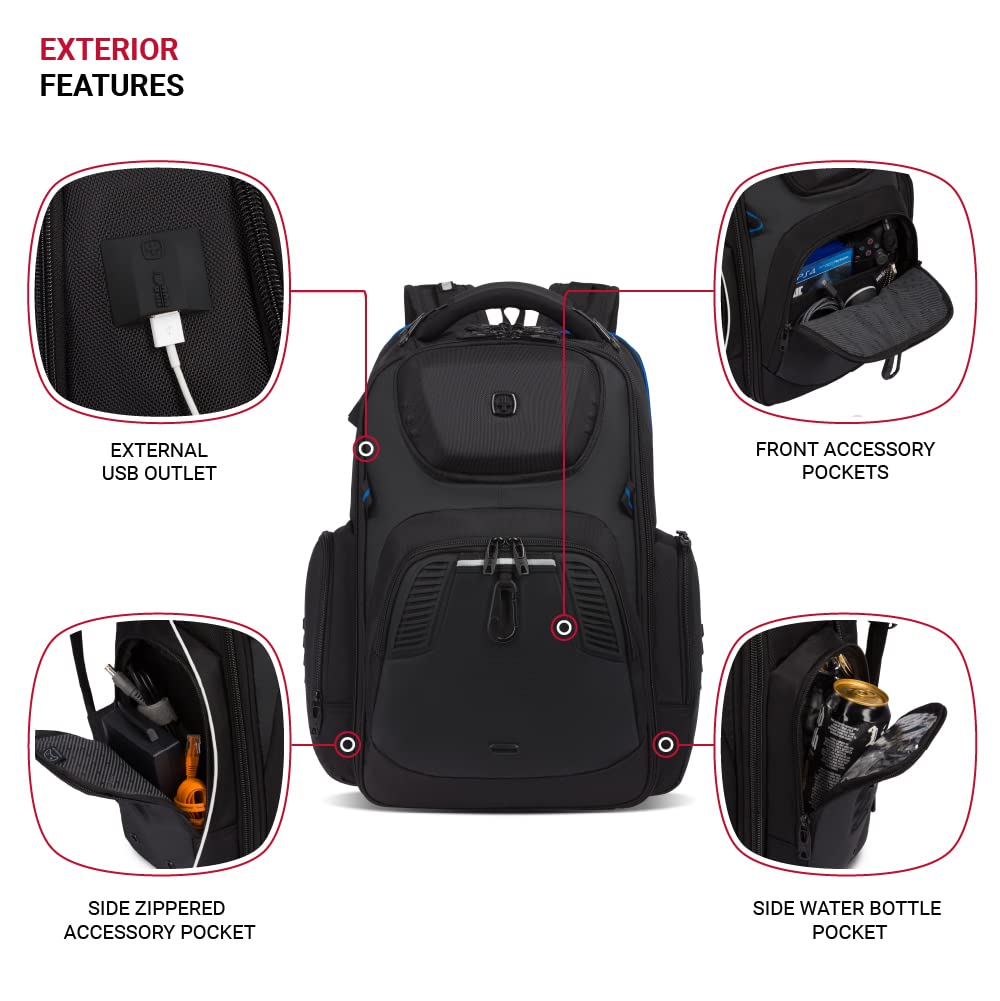 SwissGear Gaming Laptop Backpack with Charger Port (USB), Blue/Black