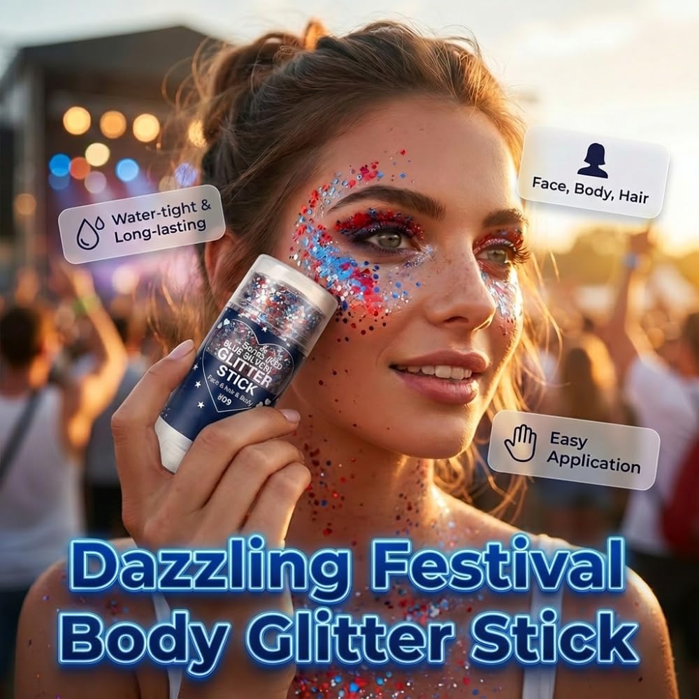 4th of July Glitter Stick, Patriotic Red White and Blue Face Hair Body Glitter Stick, 4th of July Outfits for Women Men, Sparkling Glitter Makeup