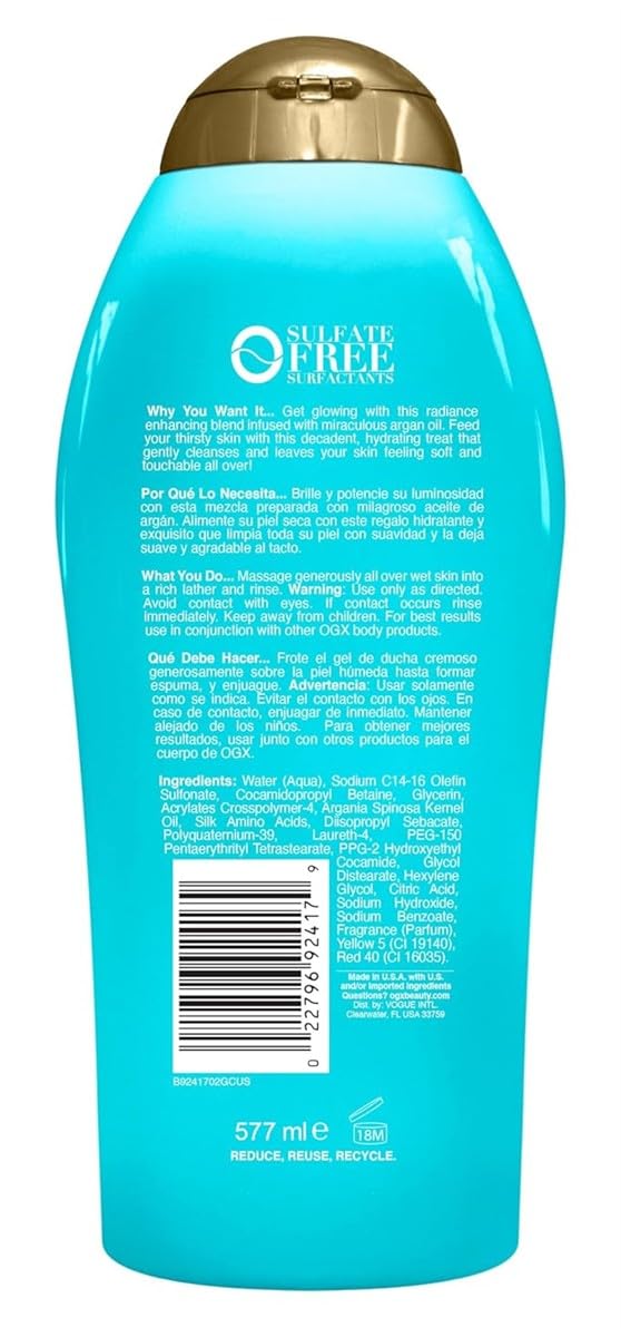 Ogx Body Wash Argan Oil Of Morocco Extra Hydrating 19.5 Ounce (577ml) (Pack of 6)