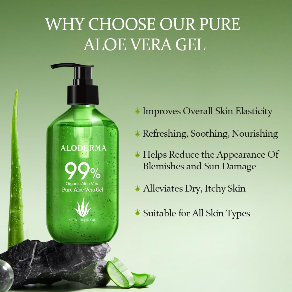 Aloderma 99% Organic Aloe Vera Gel Made within 12 Hours of Harvest - Lightweight, Non-Sticky Aloe Gel for Face Body, Hair, & Scalp, After Sun Relief