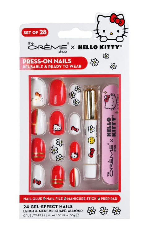 The Creme Shop Hello Kitty press-on nails reusable & ready to wear medium lenght almond shape with nail glue, nail file, manicure stick and prep Beauty & Personal Care The Crème Shop