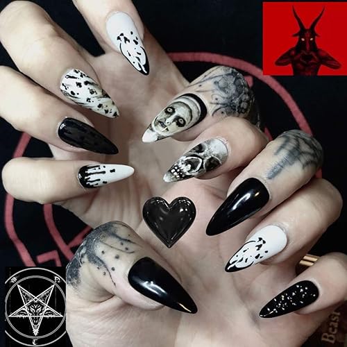 BABALAL 24Pcs Medium Stiletto Fake Nails Black Skull False Nails Punk Full Cover Artificial Halloween Press on Nails Almond Acrylic Nails for Women