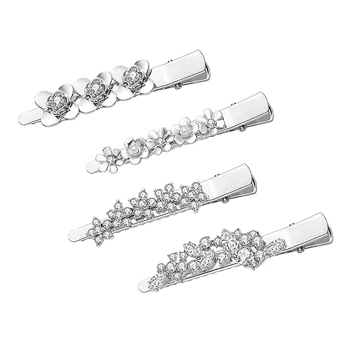 Rhinestone Alligator Hair Clips Duckbill Hairpins Flower Hair Barrettes for Women Hair Styling Tools Hair Accessories 4PCS (Silver)