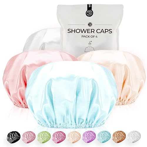 Shower Cap for Women Reusable Extra Large Shower Caps for Men Satin Double Layer EVA Waterproof Long Hair Caps(Light Grey, Light Gold, Peach Pink