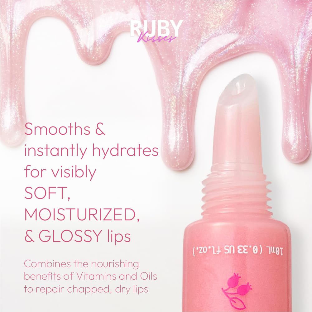 Ruby Kisses Hydrating Lip Oil Treatment Gloss with Rosehip Oil (3 Pack), Moisturizing Natural Shine Lip Care Protects & Heals with Vitamins,