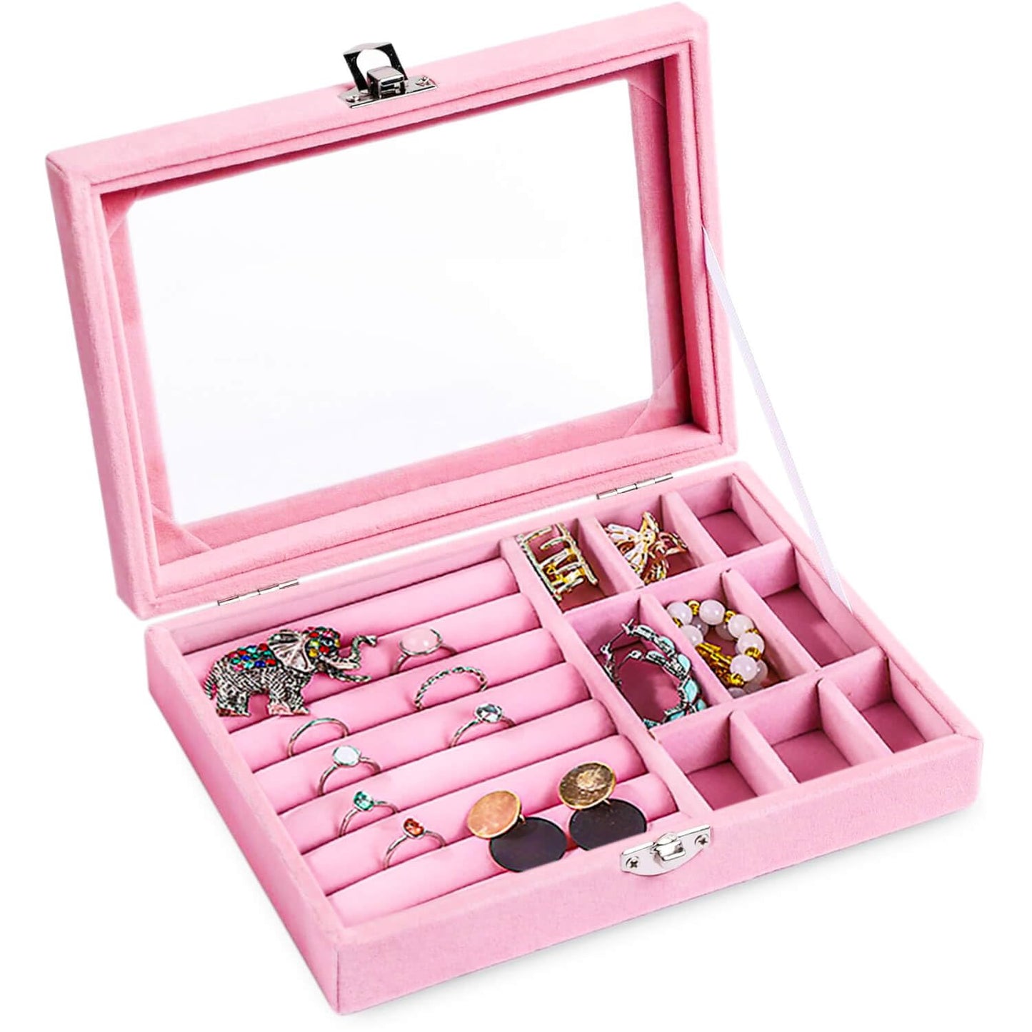 XINHONGJIN Velvet Jewelry Box, Jewelry Box, Watch Storage Box Necklace Ring Earring Storage with Lid, Antioxidant, Adjustable (pink)