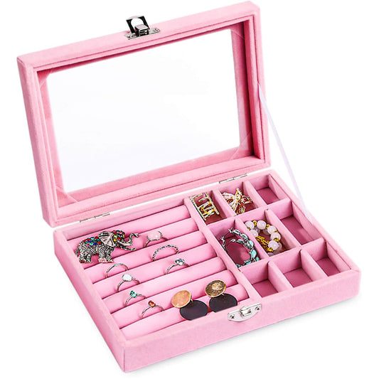 XINHONGJIN Velvet Jewelry Box, Jewelry Box, Watch Storage Box Necklace Ring Earring Storage with Lid, Antioxidant, Adjustable (pink)