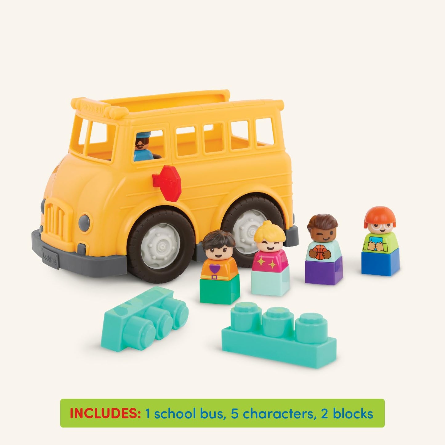 Battat - School Bus - 8 Pieces Construction Set - 5 Figures & 2 Blocks - Build - On Vehicle - 12+ Months - Locbloc® School Bus