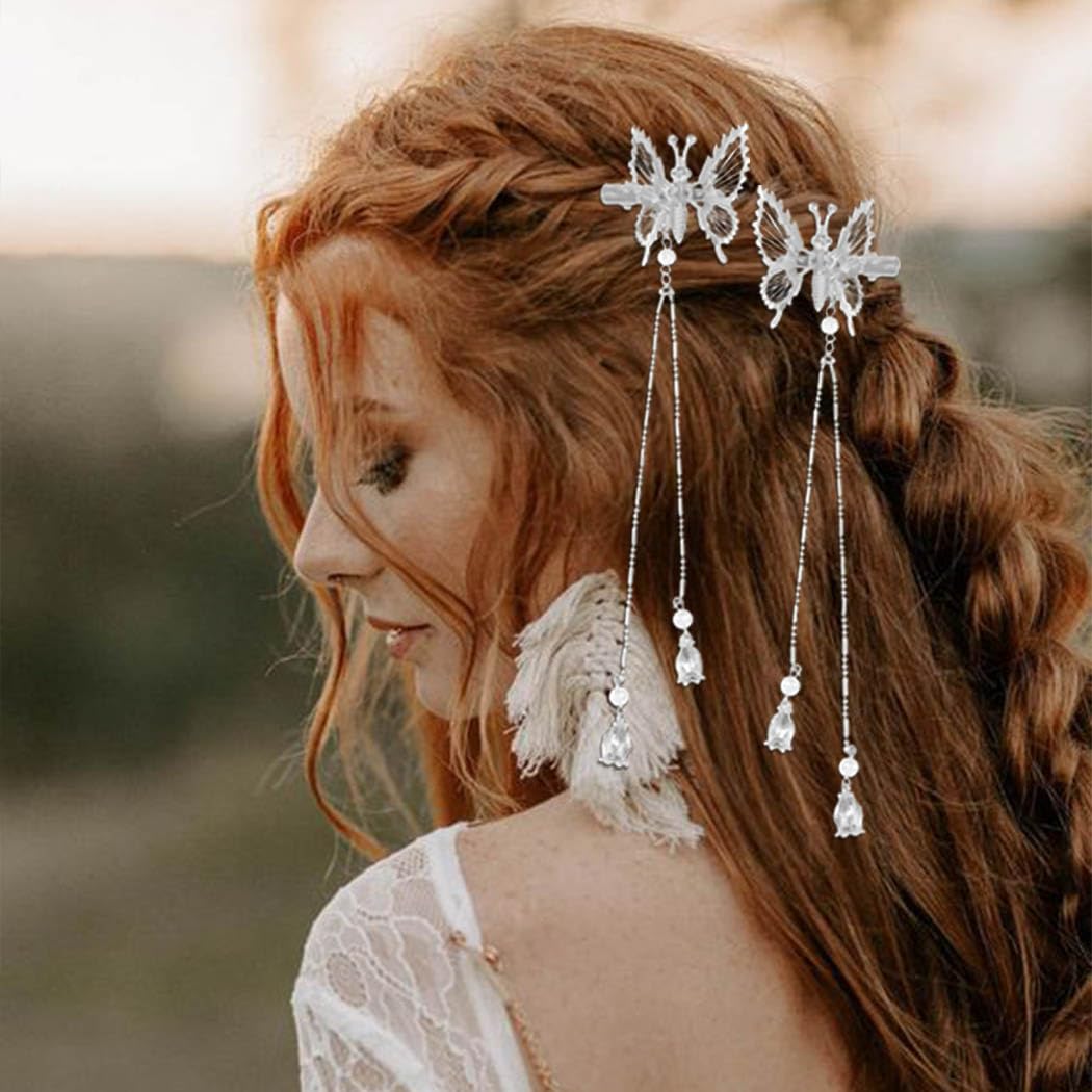 Bartosi Butterfly Clips Hair Silver Hair Barrettes Fluttering Tassel Hair Accessories Set for Women and Girls (Pack of 2)