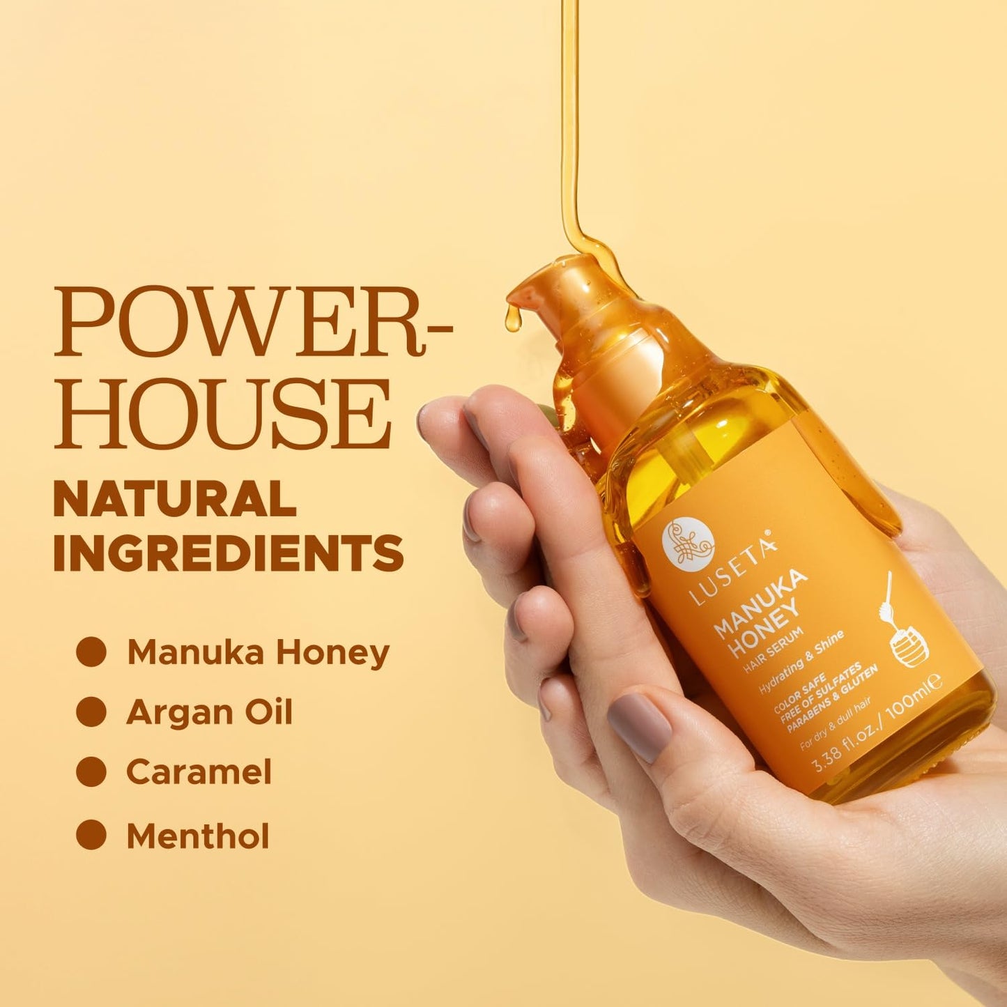 Luseta Manuka Honey Hair Oil Hydrates Dry Hair and Adds Shine & Softness to Dull Hair Nourishing Oil with Honey & Argan Oil, Frizz Control 3.38oz