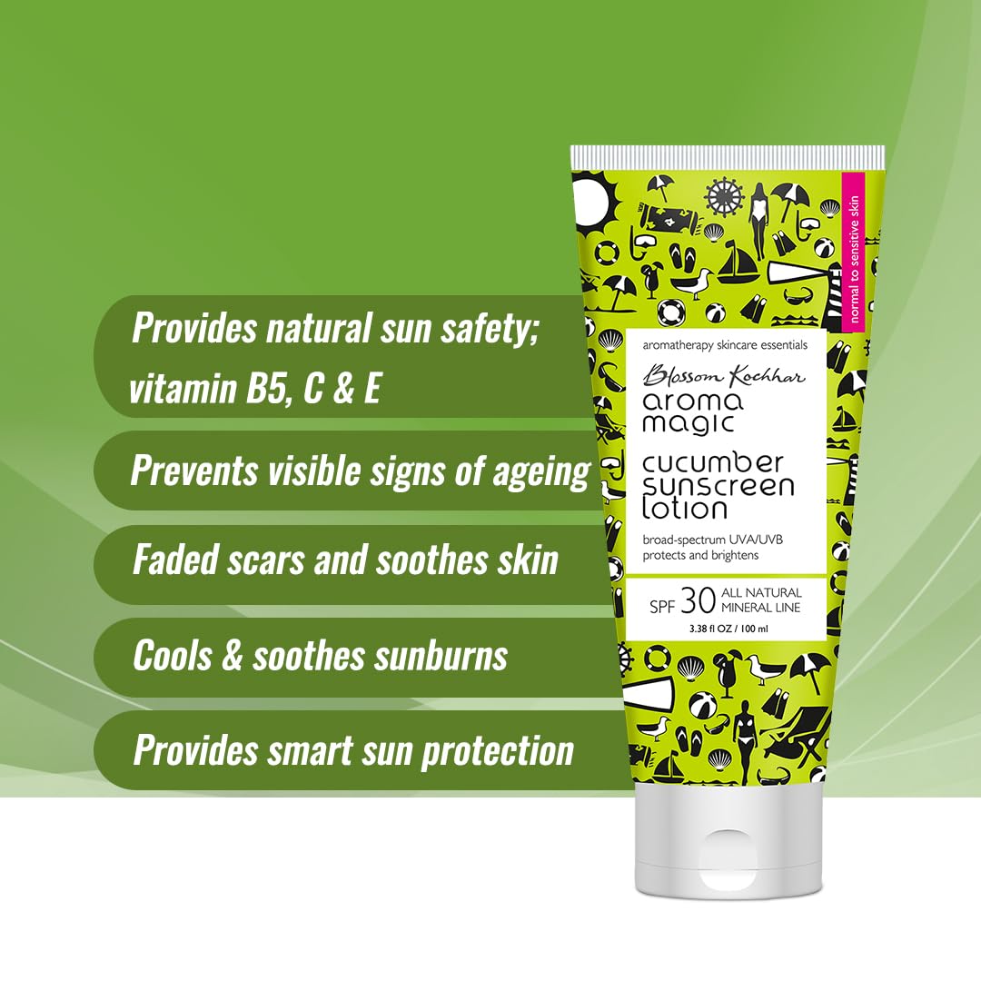 Aroma Magic Cucumber Sunscreen Lotion with SPF 30 | Non-Nano Zinc Oxide Mineral Sunblock | Broad Spectrum UVA/UVB Sun Protection | Soothes & Cools