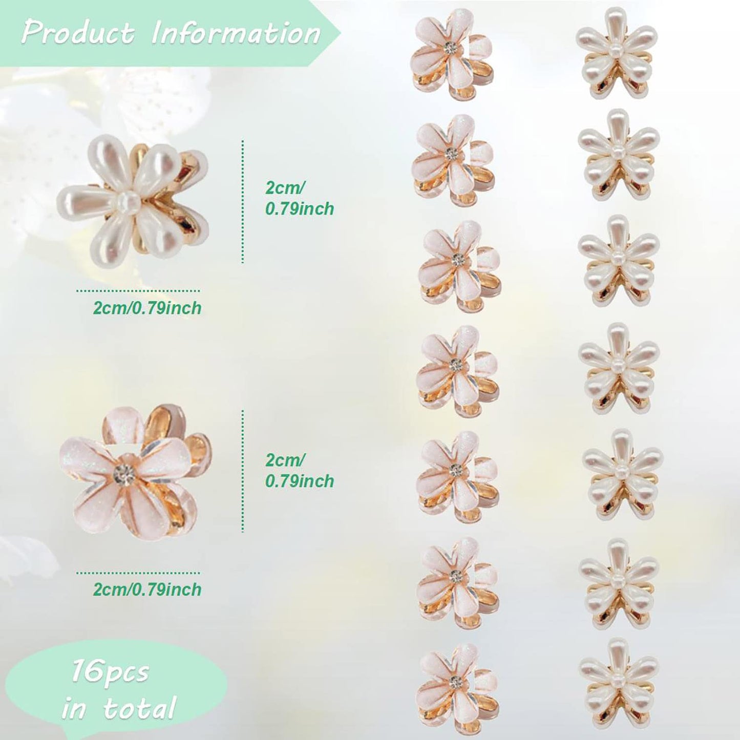 Doromy 16Pcs Small Faux Pearl Hair Claw Clips with Mini Crystal Floral Accents - Sweet Artificial Barrettes for Women and Girls Hair Clips
