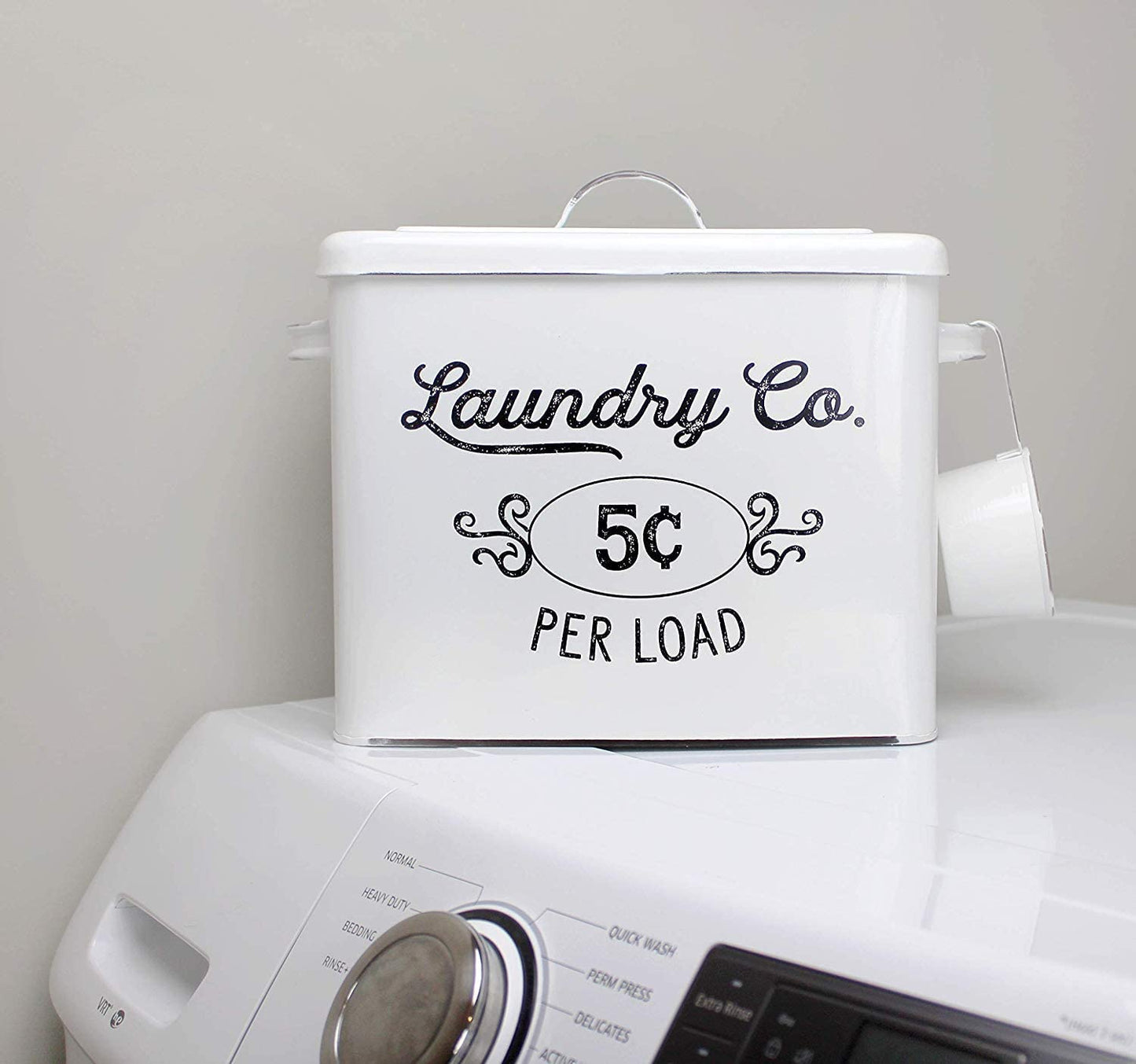 AuldHome Design Farmhouse Laundry Powder Container, White Enamelware Detergent Bin w/ Scoop