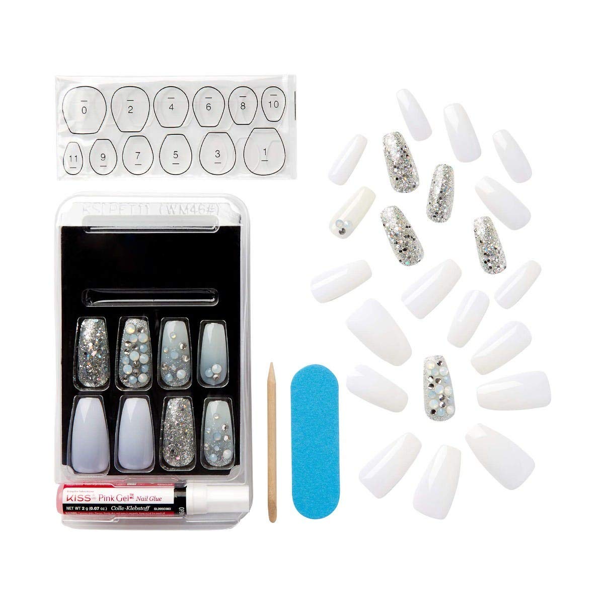 KISS Masterpiece One-Of-A-Kind Luxe Mani, Long Length, Premium Acrylic Fake Nails, Style “No.1”, with Pink Gel Nail Glue, Manicure Stick, Mini File,