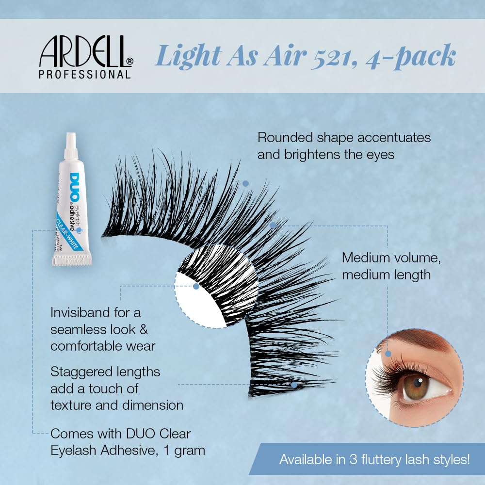 Ardell Light As Air 521 Lashes - Lightweight Natural False Eyelashes, Soft and Comfortable, 4 Pairs