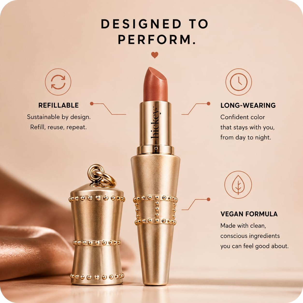 Hickey Refillable Pendant Lipstick, Haute Mess[Terracotta] - Wearable Satin Lip Color on a Chain, Refillable Clean Beauty, Full Lipstick Included