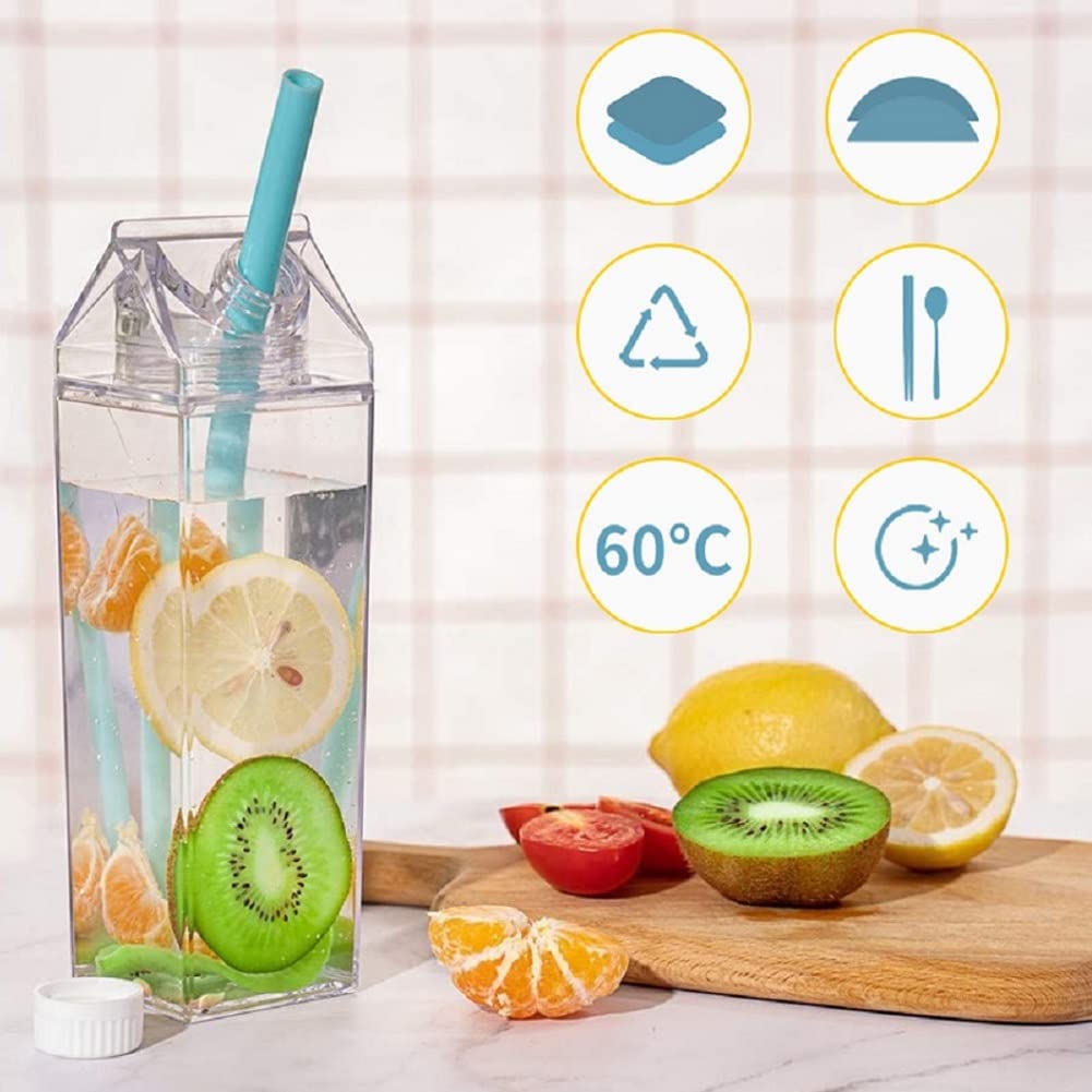 Milk Carton Water Bottle 17oz (500mL) Plastic Clear Square Milk Bottles BPA Free Leakproof Milk Carton Cups Portable Reusable Milk Carton Shaped
